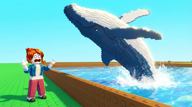 Your Zoo Roblox Game - A pixelated whale jumping out of water with a surprised Roblox character